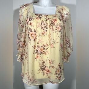 Lauren Conrad Yellow Floral Chiffon Blouse, Bridgerton Style Sz XL Peasant Top